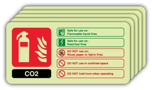 V Safety - Señal fotoluminiscente de CO2 para extintor de incendios, 180 x 90 mm, vinilo autoadhesivo, doble brillo