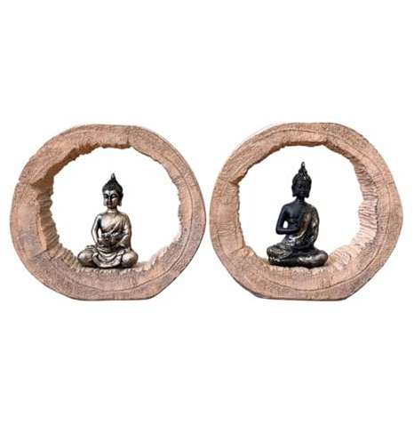 ASTER HOME – Set de 2 Figuras Decorativas Buda con Marco Circular – Escultura Zen de Diseño Natural en Madera y Resina, Adorno Elegante para Salón, Estantería o Recibidor