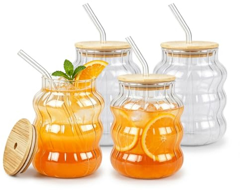 4 stycken 650 ml ribbade dricksglas, bubbelglas med glassugrör och bambulock, latte macchiato-glas av borosilikatglas, iskaffeglas, longdrinkglas för cocktail läsk och matcha