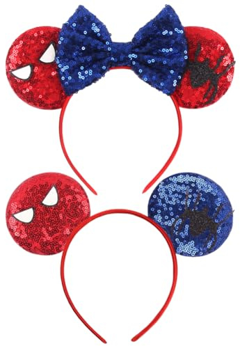 FDDKVLZ 2 Pack Glitter Sequin Bow Mouse Ears and Spider Headbands,Red Blue Sequin Ears with Bow,Sparkly Cosplay Hair Accessories for Park, Halloween, Birthday Parties, for Girls Boys Women Men