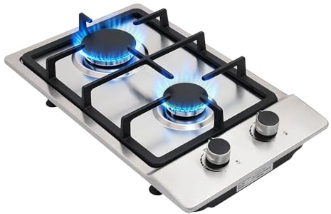 Tragbarer Gaskochfeld 2 Flammig, Edelstahl gasherd für LPG/Erdgas, 2 Kochzonen (3000W+1750W), Gas-Kochfeld mit Druckminderer & 1.5m Schlauch, innen und außen (Silber)
