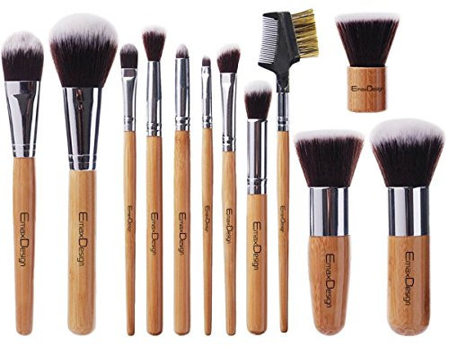 EmaxDesign - Set di 12 pennelli da trucco professionali con manico in bambù, setole sintetiche (pennello kabubi, per fondotinta, per sfumare, per blush, correttore, occhi, viso, liquidi, polveri, creme) con sacchetto