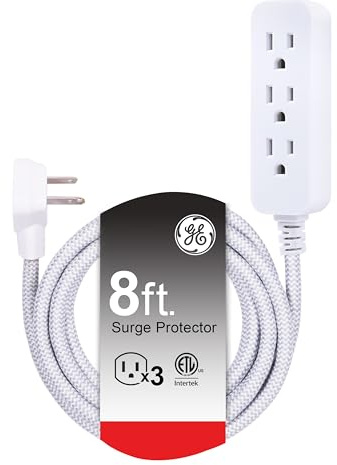 GE 3-Outlet Power Strip 8 Ft Braided Extension Cord with Multiple Outlets Grounded Flat Plug ETL Listed White 38433