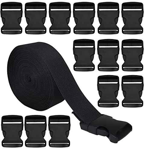 RETON 32 mm bred 10 meter svart nylonband + 15 st justerbara spännen sidosläppningsspännen i plast