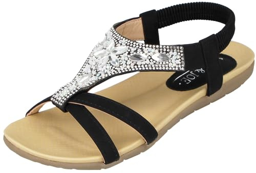 Jo & Joe Sandalias planas de gladiador para mujer, de piel sintética, con puntera abierta, con barra en T, talla 3-8, color Negro, talla 37 EU