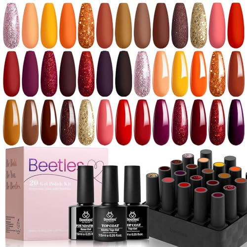 Beetles Autumn Gel Nail Polish - 20 Pcs Gel Set with Glossy Matte Top Base Coat, Full Maroon Gold Yellow Red Orange Glitter Soak Off UV Nail Manicure DIY Art Thanksgiving Gift for Women