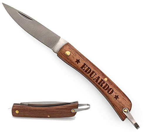Planetacase - Navaja Personalizada Con Nombre - Hoja 8cm Acero Inoxidable - Empuñadura de Madera - Ideal Para Regalo - Camping, Caza, Pesca, Bricolaje