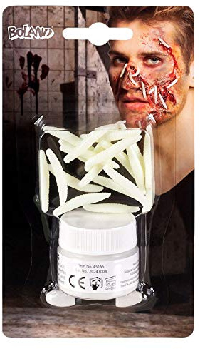 Boland 45155 - Schminkset Zersetztes Fleisch, 1 Glas mit weißem Fäulnispulver, 20 weiße Würmer, 1 Applikator, Schminke, Set, Make-Up, Wunde, Verletzung, Zombie, Horror, Halloween, Karneval, Mottoparty
