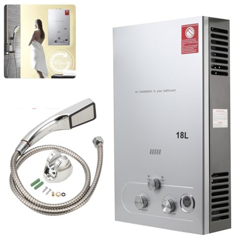 ECUTEE Gas Durchlauferhitzer LPG 18L 36KW Flüssiggas Warmwasserbereiter, Tankless Instant Heißwasserbereiter Gastherme mit Duschkopf Duschschlauch, für Outdoor Camping Baden RV Dusche
