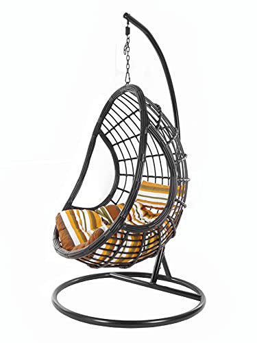 KIDEO großer Hängesessel inklusive Gestell und Kissen, Korbsessel, Polyrattan schwarz (Kissen: Chesterstepp gestreift [8640 Retro Stripes])