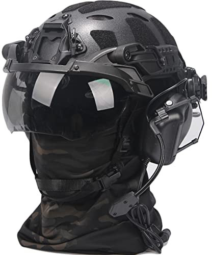 AQzxdc Ensemble de Casques Fast, avec Visière et Écouteurs Anti-Bruit Pickup, Feu de Signalisation, Cagoule, Base NVG en Alliage D'aluminium, pour L'airsoft, Le Paintball, Le BBS,BK b,Max