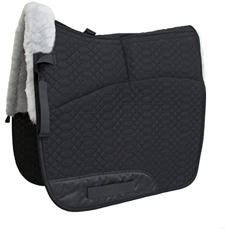 Engel Reitsport SCHABRA1AP-D-SCH-SIL Lammfell Dressur Schabracke | half lined, Fell im Sattelbereich, Fellkranz v., Aufpolster Korrektur, Steppstoff, Dressur, Stoff schwarz Fell silber