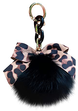 LSGGTIM Plüsch Schlüsselanhänger Pompom Ball mit Leopard Muster Bowknot Taschenanhänger Damen Bommel Keychain Plüschball Pom Pom Schlüsselbund Auto Schlüsselanhänger für Frauen Mädchen-15cmx9cm