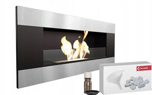 KRATKI Delta 2 Caminetto a bioetanolo orizzontale + ciottoli + imbuto + set per aromaterapia | Installazione a parete o ad incasso l Biocontenitore 0,5 l, TÜV | Acciaio, 40 x 90 cm, nero