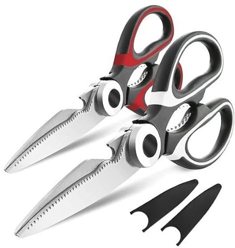 Betfran Tijeras de Cocina Pack 2u multifuncionales, profesional, multiusos acero inoxidable, resistentes, con protector. Tijeras con chuchilla para todo tipo de alimentos.