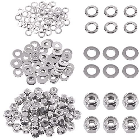 Swpeet Lot de 150 écrous de verrouillage hexagonaux SAE 304 en acier inoxydable #8-32 et rondelles plates #8 avec assortiment de rondelles fendues #8, écrous de verrouillage hexagonaux pour