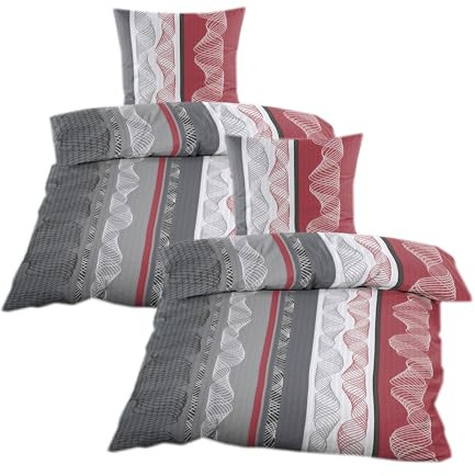 Casa Colori Seersucker Bettwäsche 4 TLG. 135 x 200 mit Reißverschluss Bettgarnitur Sommerbettwäsche Grau Rot mit Druckmuster