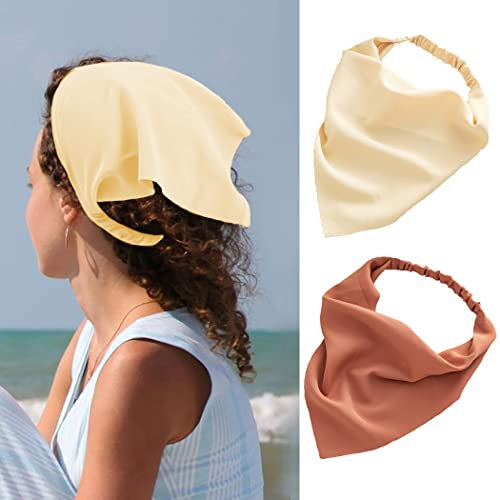 Zoestar Boho Triangle Head Scarfs Chiffon Head Kerchief Headbands Pure Color Hair Bandanas Turban Hair Scarfs Elastic Hair Band for Women and Girls,2 Pcs (Off-white and Coffee)