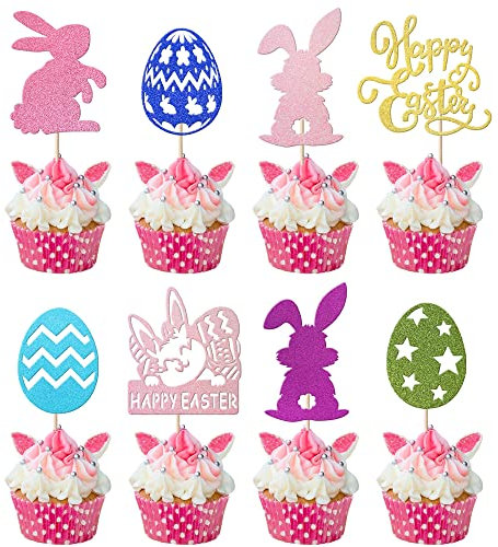 24 Stück Tortendeko, Happy Easter Bunt Kuchen Deko Cupcake Topper für Easter Theme Party Kinder Geburtstag Cake Dekorationen