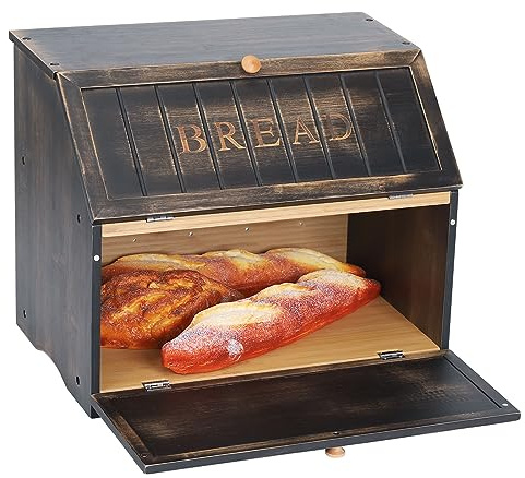 HOMEKOKO Double Layer Large Bread Box for Kitchen Counter, Retro Design Wooden Large Capacity Bread Storage Bin (Vintage Black)