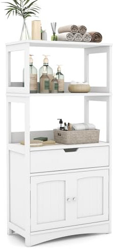 KOMFOTTEU Aufbewahrungsschrank mit 3 Ebenen, Hochschrank Mehrzeckschrank aus Holz, Badezimmerschrank mit Schublade & Türen, Küchenschrank Badregal 60x32,5x122cm (Weiß)