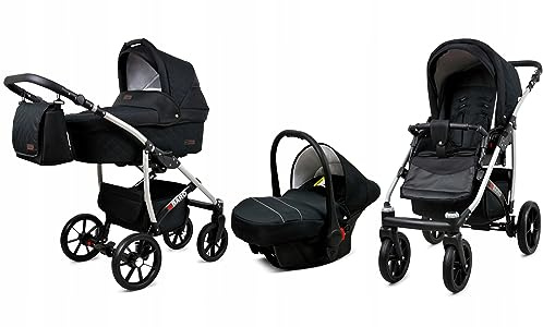 BabyLux® Kinderwagen Set 3 in 1 - Qbaro - incl. Babywanne, Buggy Sportsitz, Auto-Babyschale - Autositz - Kinderwagenset - Kombikinderwagen mit Wickeltasche, Regenschutz usw.