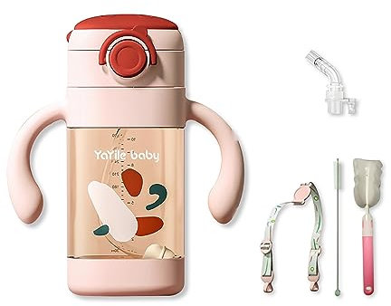SONARIN Baby Trinklernbecher,300 ml Baby Strohhalmbecher Trinkbecher Schnabeltasse mit Strohhalm Kleinkinder Auslaufsichere Trinkflasche mit Griffigen Griffen & Trageriemen(Rosa)