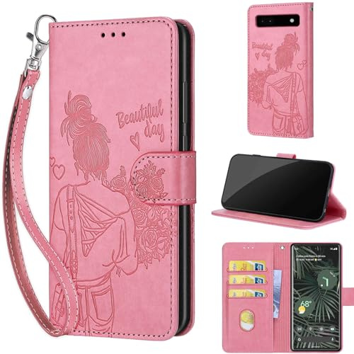 Handyhülle für Google Pixel 6A Hülle, Rosa | Stoßfeste Flip Schutzhülle, Kartenfächer, Standfunktion,Magnetisch, Kunstleder, Klappbar Brieftasche