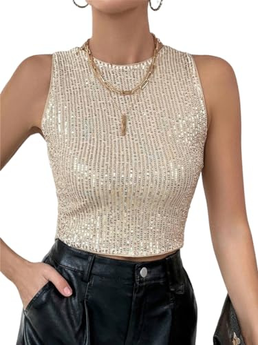 ORANDESIGNE Damen Glitzer Pailletten Tanktop Ärmellos Rundhals Sexy Crop Top Glänzend Top Festival Party Club