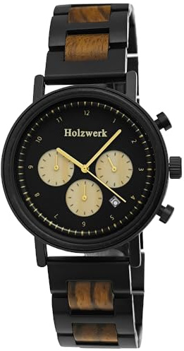 Holzwerk Germany Handgefertigte Designer Herren-Uhr | Öko Natur Holz-Uhr | Chronograph | Armband-Uhr | Analog Quarz-Uhr | Braun Silber | Datum | Holz Ziffernblatt (Brown)