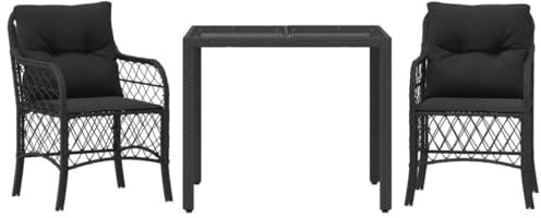 vidaXL Bistro Set 3-TLG., Gartenmöbel Set mit Kissen, Balkonset 2 Stühle 1 Tisch, Balkonmöbel Sitzgruppe für Garten Balkon Terrasse, Schwarz Poly Rattan