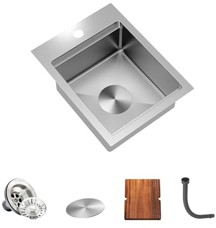 Torva Fregadero de acero inoxidable para autocaravana, cuadrado con inserto individual | con tabla de cortar - 15 cm de profundidad para barra/lavabo de preparación de 33 x 43 x 15 cm