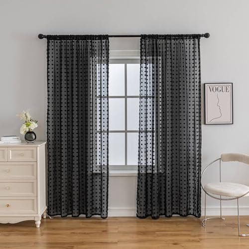 Homxi Lichtundurchlässige Vorhänge Kinder 2er Set,2 x 140W x 175H cm,Gardinen Schlafzimmer Transparent Schwarz Pompon Vorhänge mit Taschen