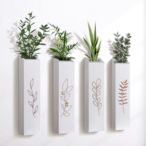BOTOP Wand-Pflanzgefäß aus Holz, Bauernhaus, 4 Stück, Innenbereich, Wandvasen, Dekoration für Wohnzimmer, Schlafzimmer, getrocknete Blumen, künstliche Grünpflanzen (weiß)