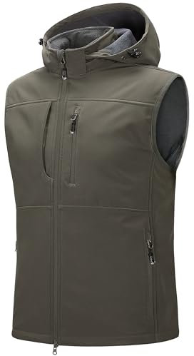 33,000ft Weste Herren Outdoor Wasserdichte Softshell Ärmellose Jacke Bodywarmer Fleece Weste mit Kapuze Full Zip Softshellweste Olivgrün L