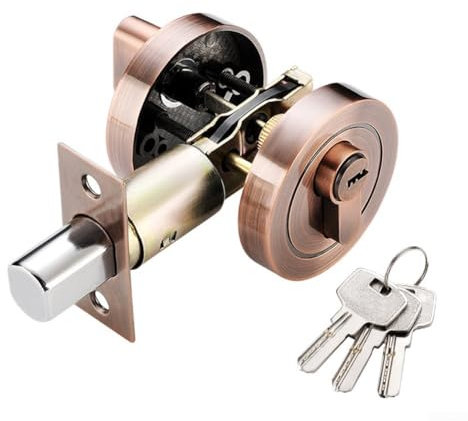 Cerrojo de seguridad de un solo cilindro, cerradura redonda con llaves, cerraduras de puerta delantera, cerrojo de seguridad de acero inoxidable para puertas de entrada, puertas de paso (cobre)