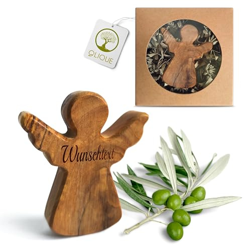 OLIQUE Schutzengel aus Olivenholz - Handgemachter Handschmeichler als Geschenk zur Geburt, Taufe Kommunion und zur Firmung (Mit Gravur)