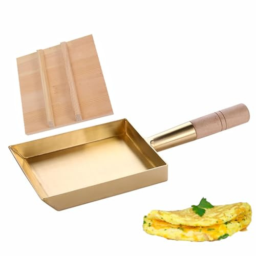 Yiustldd Poêle Tamagoyaki en Cuivre, Poêle À Omelette Japonaise Poêle À Frire Antiadhésive avec Couvercle Et Poignée en Bois pour Déguster des Œufs Roulés Très Moelleux Et Moelleux,20x15cm