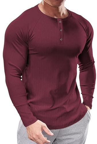 Muhshoiy Herr Muskelskjortor Långärmad Henley Tröja Smal Passform Ribbad Skjorta för Män Vslappnad Sport Shirt Röd S