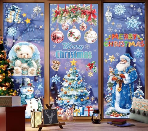 4 Pcs Groß Größe Fensterbilder Weihnachten Selbstklebend Mit Glänzend Silber, 30X45cm Fensterfolie Winter Weihnachten Deko, Wiederverwendbar Weihnachtsdeko Fensterbilder Selbstklebend (Kleiner Bär)