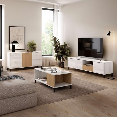 Miroytengo Conjunto de Muebles de Salón Comedor Tokio Estilo Nórdico en Color Blanco Albo y Roble Rayado (Aparador + Mesa de Centro + Mueble de TV)