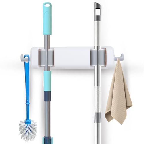 Nesleek Wand Mopp & Besenhalter mit Haken – starker Klebe Organizer für Bad, Küche & Schrank – dualer Mop Rack für Stiele 10–30 mm, weiß