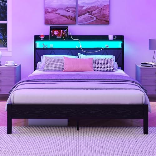 VERFARM Letto Imbottito 140 x 200 cm con LED e Stazione di Ricarica, Telaio con Vano Portaoggetti, Testiera per Ragazzi, Perfetto per Camera da Letto