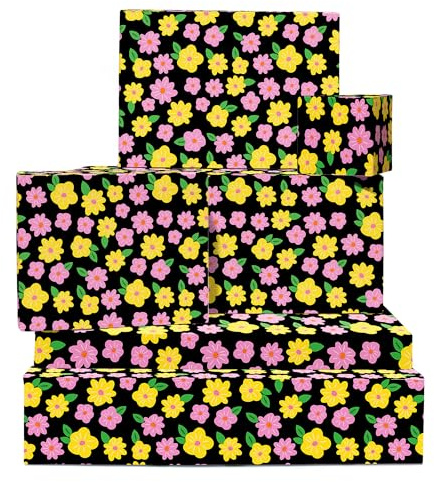 Presentpapper blommor - gula och rosa blommor - 6 ark svart omslagspapper för henne - sött presentkort för födelsedag, årsdag, möhippa - återvinningsbar - av Central 23