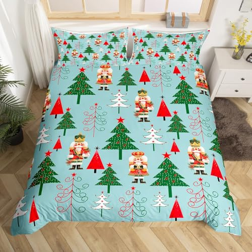 Christmas Pine Tree Duvet Cover Super King Cute Nutcracker Bedding Set 3pcs Xmas Abstract Lines Comforter Cover for Kids Bedroom Decor Merry Christmas Quilt Cover,2 Pillowcases(Not Comforter)