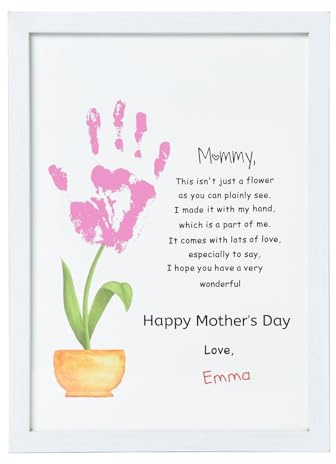 CJ&M Mothers Day Handprint Craft Gift,Flower Handprint Art,Happy Mothers Day Card For Kids, Memory Keepsake Gift For Mom,Unique Gifts for Mom from Daughter or Son for Mother's Day (with Wood Frame)