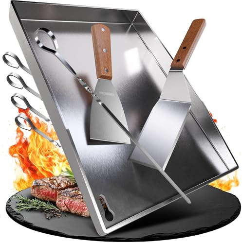 WILDGÅRD® Grillplatte - Plancha Grill Platte aus dickem & rostfreiem Edelstahl – 30 x 20 cm – für BBQ Gasgrill & Kohlegrill geeignet +PLUS: 2x Grillspachtel & 5x Spieße