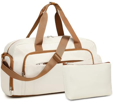 Kono Reisetasche Handgepäck Ryanair, Weekender Tasche Damen Herren 47x25x20 cm, Sporttasche, Gymtasche, Kliniktasche mit Schuhfach & Kosmetiktasche (Beige/Braun)
