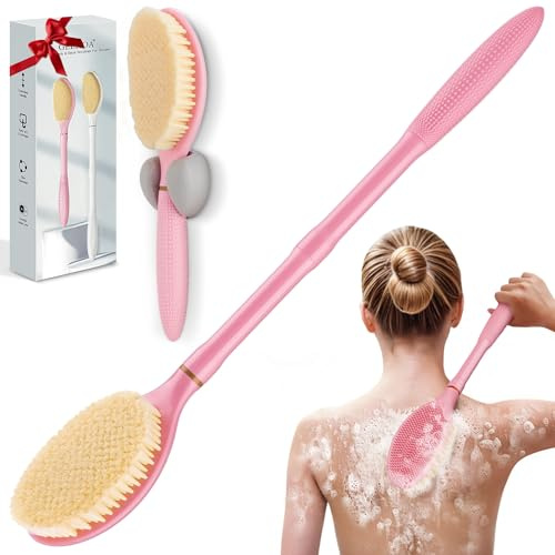 GEENOA New Back Scrubber Anti-Slip for Shower, 18.9‘’ Adjustable Shower Back Scrubber with Dual-Side Head & Soft Bristles, Extra-Long Shower Brush Bath Brush for Lathering Cleansing(Pink-L)