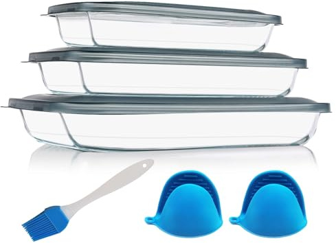 Wuciray Set di 3 pirofile in vetro con coperchio, resistenti al forno, per riscaldare il forno a microonde, misura media, piccola ciotola per insalata a forma di tiramisù